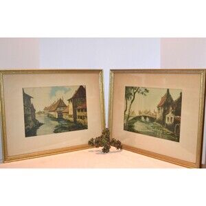 1940s Old World European Village Artwork Gold Frames Scenic